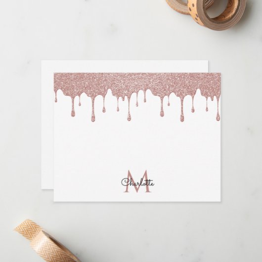 Girly Pink Glitter Drips Monogram Elegant Script Notitiekaartje (Voorkant / Achterkant in situ)
