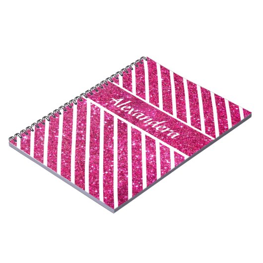 Girly Pink Glitter en White Script Modern glam Notitieboek (Linkerzijde)