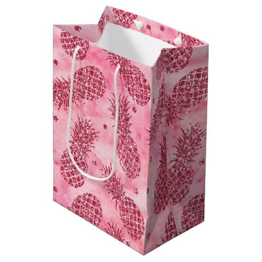 Girly Pink Glitter Glitzy Ananas Medium Cadeauzakje (Voorkant Gekanteld)