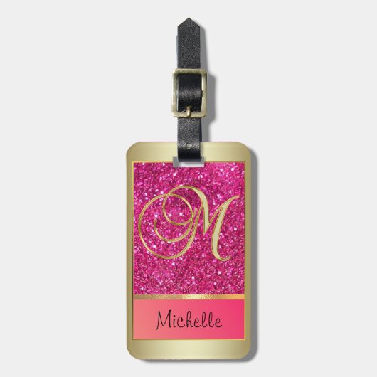 Girly Pink Glitter Golden Monogram Letter M Bagagelabel (Voorkant verticaal)