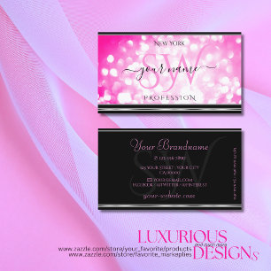 Girly Pink Glitter Initialen Black Silver Border Visitekaartje