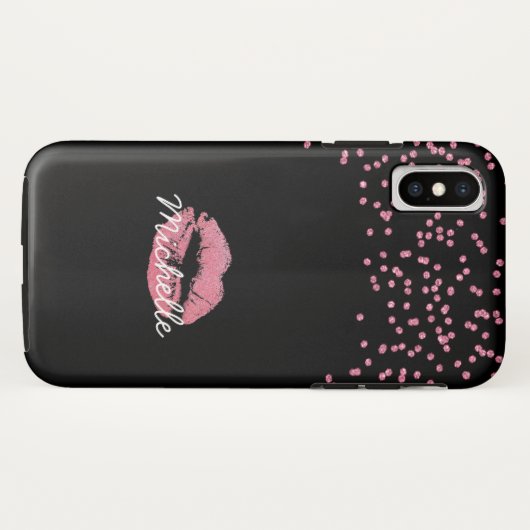 Girly Pink Glitter Lips Monogram Naam Case-Mate iPhone Case (Achterkant (horizontaal))