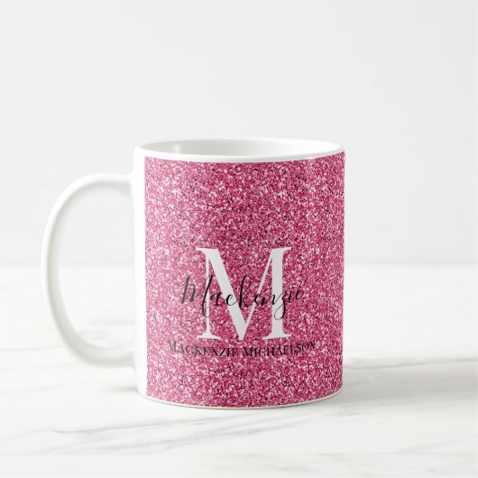 Girly Pink Glitter Monogram Naam Koffiemok (Links)