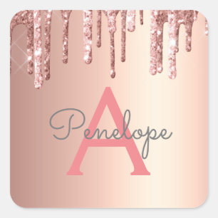 Girly Pink Glitter Monogrammed Roos Gold Drids Vierkante Sticker