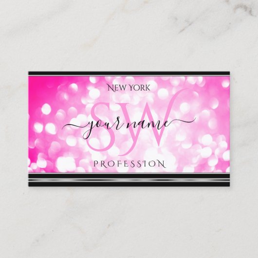 Girly Pink Glitter Zwart Zilveren Rand Initialen Visitekaartje (Voorkant)