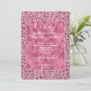 Girly Pink Glitzy Glam Glitter Leopard Baby shower Kaart