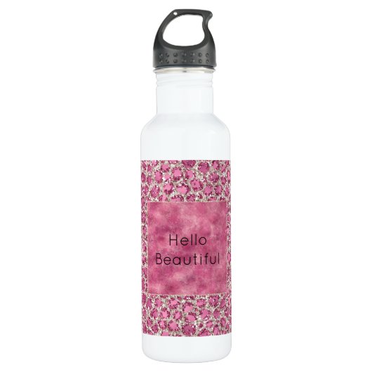 Girly Pink Glitzy Glam Glitter Leopard Print       Waterfles (Voorkant)