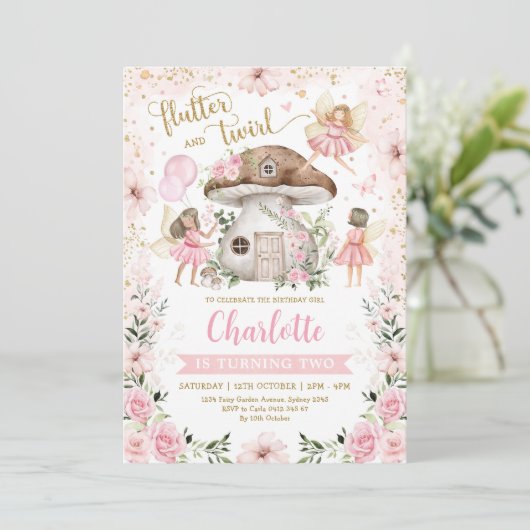 Girly Pink Gold Fairy Garden Birthday Party Kaart (Staand voorkant)