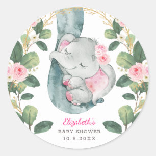 Girly Pink Gold Floral Baby Olifant Groen Ronde Sticker