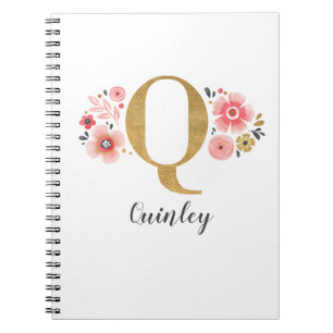 Girly Pink Gold Floral Monogram Letter Q Notitieboek