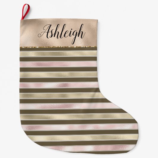 Girly Pink Gold Glam Stripes Grote Kerstsok (Voorkant)