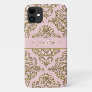 Girly Pink Gold Glitter Damask Monogramnaam iPhone 11 Hoesje