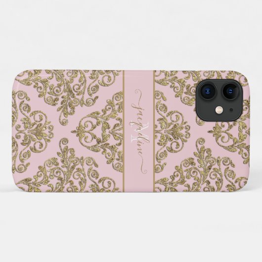 Girly Pink Gold Glitter Damask Monogramnaam Case-Mate iPhone Case (Achterkant (horizontaal))