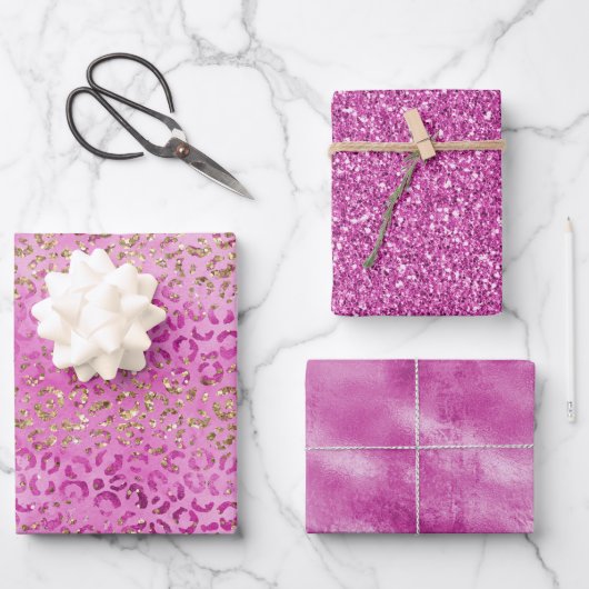 Girly Pink Gold Glitter Leopard Print Glitz Inpakpapier Vel (Voorkant)