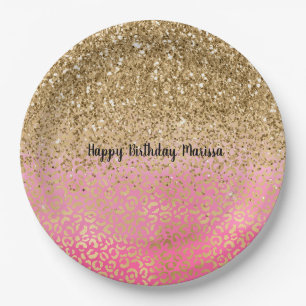 Girly Pink Gold Glitter Leopard Print Papieren Bordje