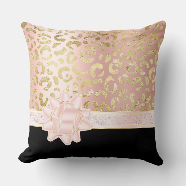 Girly Pink Gold Leopard Black Bleek Pink Bow Ribbo Kussen (Voorkant)