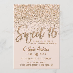 Girly Pink Gold Scattered Glitter Ombre Sweet 16 Kaart