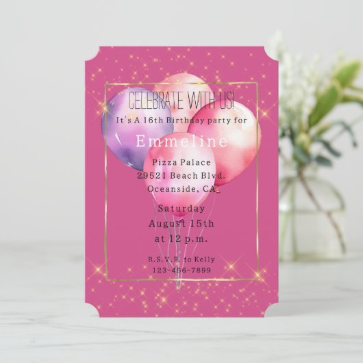 Girly Pink Gold Sparkles ballonnen Kaart (Staand voorkant)