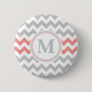 Girly Pink Gray Chevron Pattern met Monogram Ronde Button 5,7 Cm