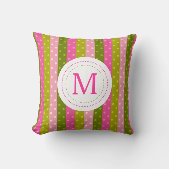 Girly Pink & Green Polka Dot Stripes Monogram Kussen (Voorkant)