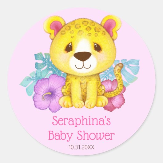 Girly Pink Leopard Baby shower Ronde Sticker (Voorkant)