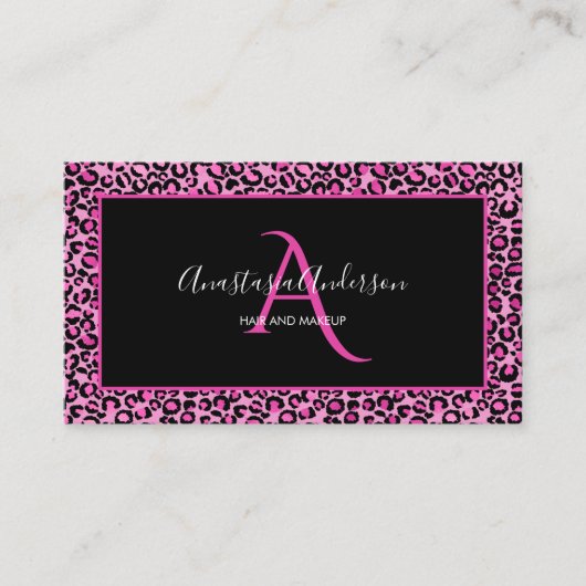 Girly Pink Leopard Spots Elegant Black Monogram Visitekaartje (Voorkant)