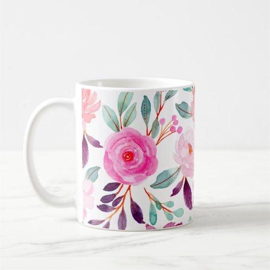 Girly Pink Lila Floral Pattern Koffiemok (Links)