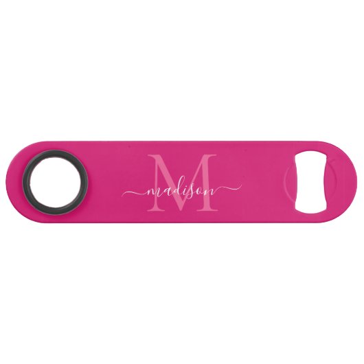 Girly Pink Magenta White Monogram Elegant Script Speed Flessenopener (Voorkant (Horizontaal))