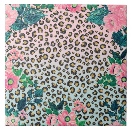 Girly Pink Mint Ombre Floral Glitter Leopard Print Tegeltje (Voorkant)