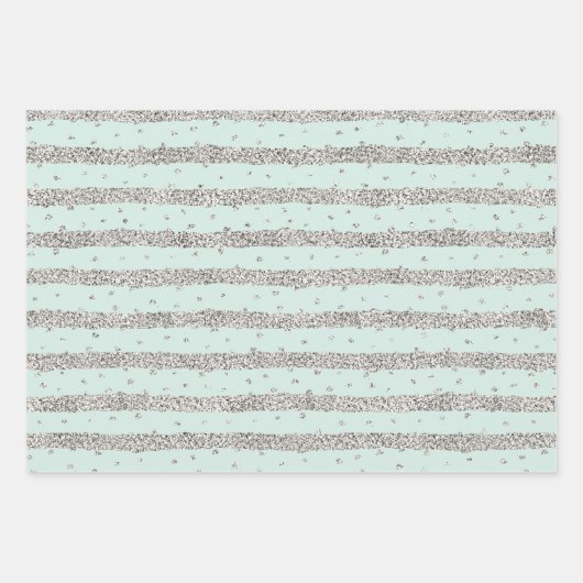 Girly Pink Mint Silver Sparkly Confetti Stripes Inpakpapier Vel (Voorkant 3)