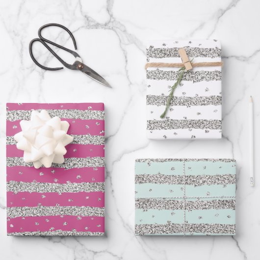 Girly Pink Mint Silver Sparkly Confetti Stripes Inpakpapier Vel (Voorkant)