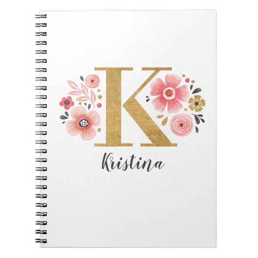 Girly Pink Monogram Floral Letter K Notitieboek (Voorkant)