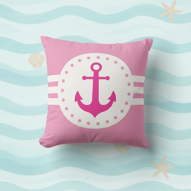 Girly Pink Nautical Anchor Throw Pillow Kussen (Girly pink and white nautical anchor throw pillow.)