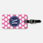 Girly Pink & Navy Big Polka Dots Monogramed Bagagelabel (Voorkant horizontaal)