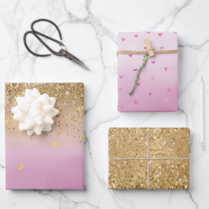 Girly Pink Ombre Waterverf Gold Glitter Hearts Inpakpapier Vel
