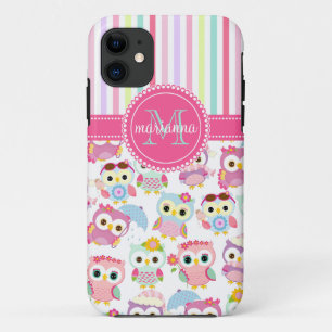 Girly Pink Owls Cute Pattern Personalized iPhone 11 Hoesje