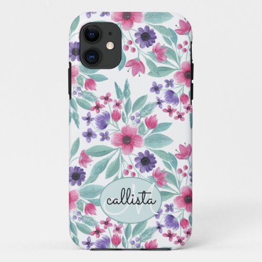 Girly Pink Paarse Blauwgroen Waterverf Floral Mono Case-Mate iPhone Case (Achterkant)