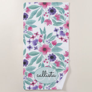 Girly Pink Paarse Blauwgroen Waterverf Floral Mono Strandlaken