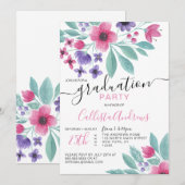 Girly Pink Paarse Waterverf Floral Afstuderen Kaart (Voorkant / Achterkant)