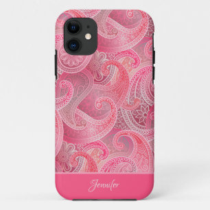 Girly Pink Paisley Patroon met naam iPhone 11 Hoesje