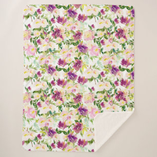 Girly Pink Peach Paarse Burgundy Waterverf Floral Sherpa Deken