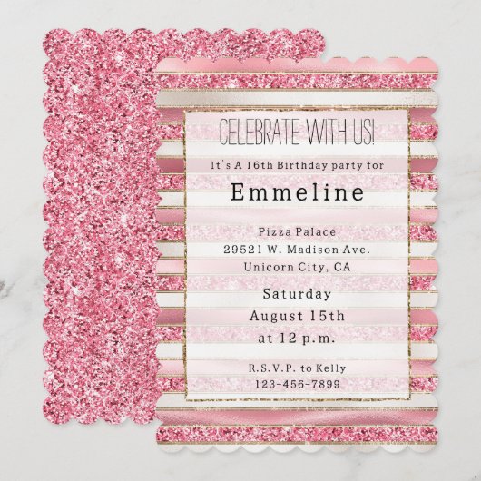 Girly Pink Pearl Glitter Stripes Kaart (Voorkant / Achterkant)