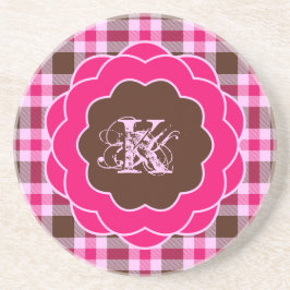 Girly Pink Plaid Monogram Scalloped Lijst Zandsteen Onderzetter