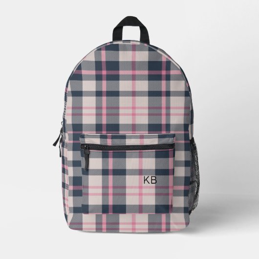 Girly Pink Plaid Tartan Controleer Monogram Initia Bedrukte Rugzak (Voorkant)