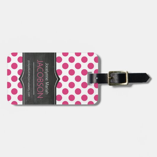 Girly Pink Polkadots Chalkboard Personalized Bagagelabel (Voorkant horizontaal)