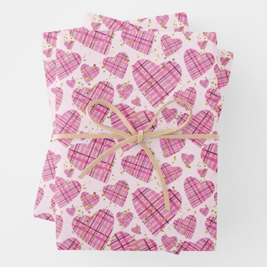 Girly Pink Pset Hearts Gold Glitter Polka Dots Inpakpapier Vel (In situ)