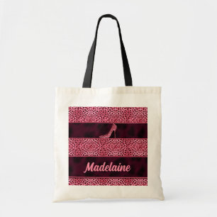 Girly Pink Pump en Cheetah Print met naam Tote Bag