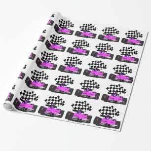 Girly Pink Race-auto met gecontroleerde vlag Cadeaupapier