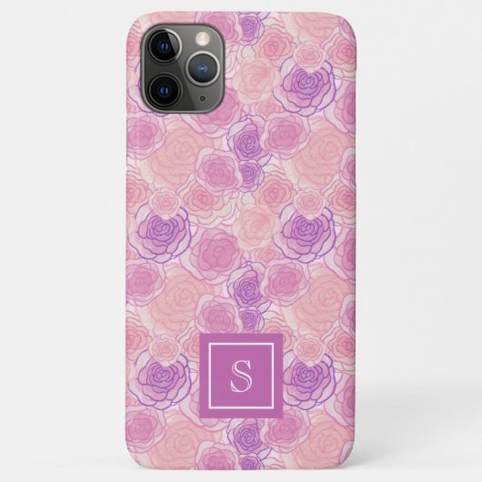 Girly Pink Retro Roos Floral Monogram Case-Mate iPhone Case (Achterkant)
