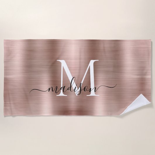 Girly Pink Rose Gold Brushed Metal Script Monogram Strandlaken (Voorkant)